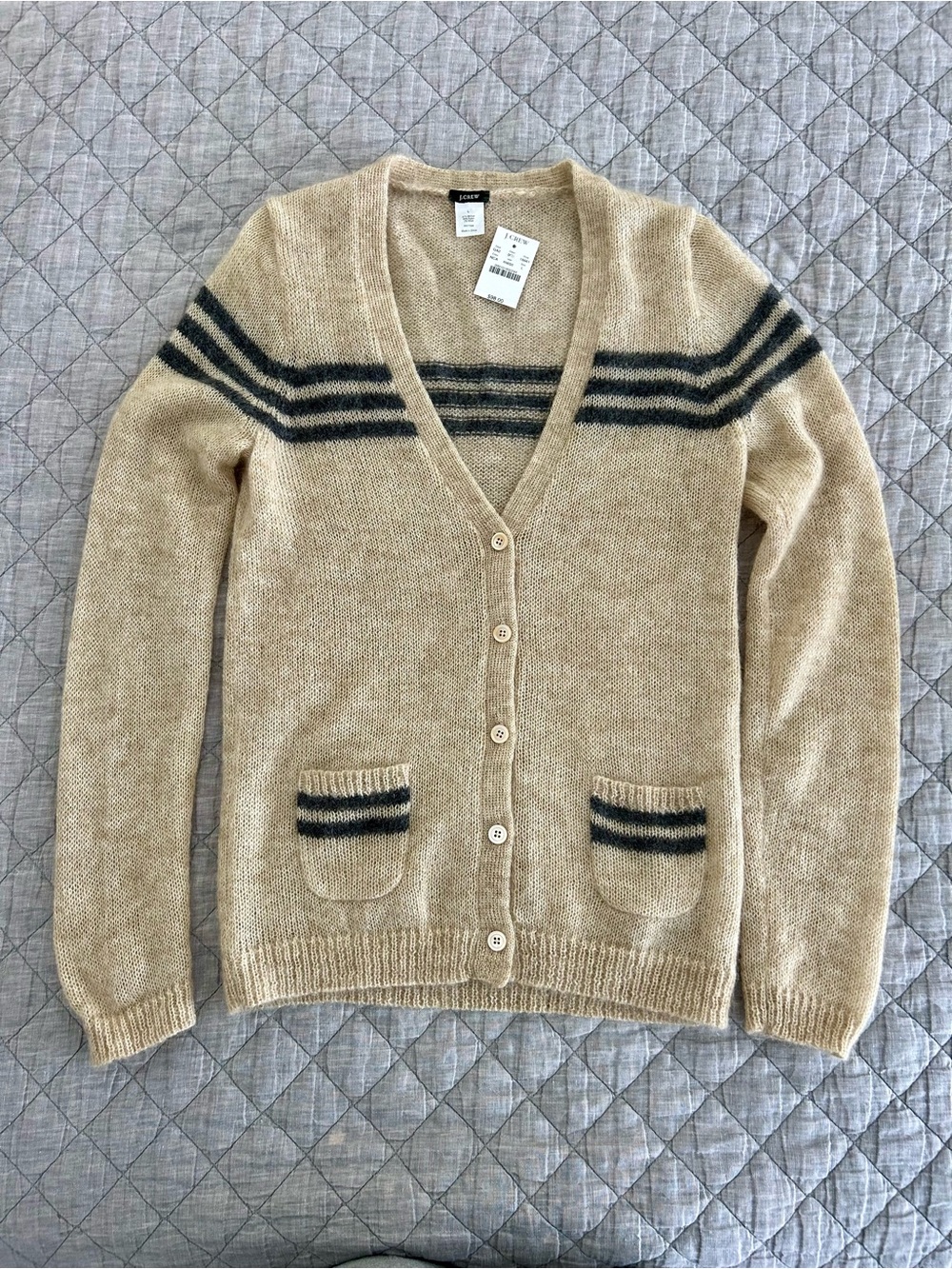 J.Crew Mohair Retro Stripe Cardigan Oatmeal Gray L 18661 Fall 2009 NWT